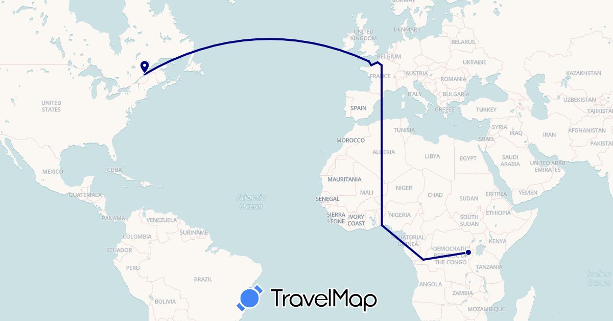 TravelMap itinerary: driving in Benin, Canada, Democratic Republic of the Congo, France, Rwanda (Africa, Europe, North America)